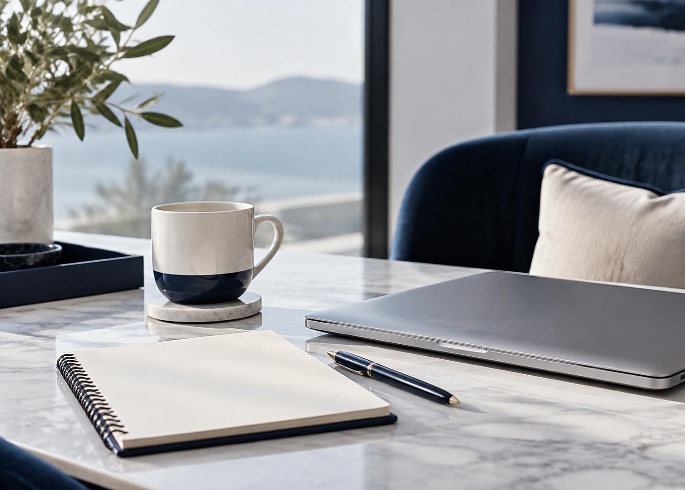 Mesa de trabalho com caderno e notebook usados no planejamento estratégico